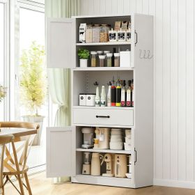71 "High White Steel Kitchen Pantry Storage Cabinet with Large Countertop, Adjustable Shelves, Drawers and Hooks, Heavy-duty Modern Style Cabinet