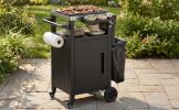 K&K 33.9" Outdoor Grill Cart with Drop Leaf, Outdoor Metal Bar Cart Pizza Oven Table with Wheels, Stainless Steel Top