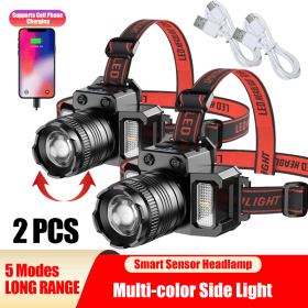 LED Telescopic Headlamp Head Torch USB Rechargeable Motion Sensor Headlight Zoomable 5 Modes Emergency Power Bank For Camping (Kids Pool: 2PCS)