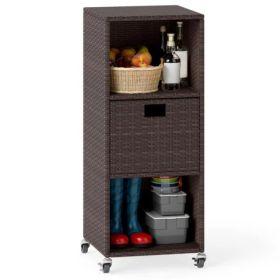 Mix Brown PE Rattan Outdoor Storage Cabinet, 3-Shelf With Removable Drawer & Lockable Wheels (Kids Pool: defaulttitle)