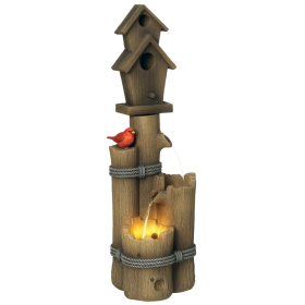 Outdoor Fountain with Birdhouse, Cascading Garden Waterfall Bird Bath with 3-Tier Rustic Tree Trunk / Log Design, LED Lights for Porch, Deck, Ya (Kids Pool: Brown-710x420x420 mm)