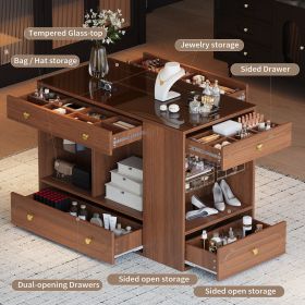 Closet Island with 6 Drawers, Wardrobe Armoire Bedroom Island with Glass Display Top and Open Shelves, Jewelry Storage Vanity Island with compart (Color: Wood)