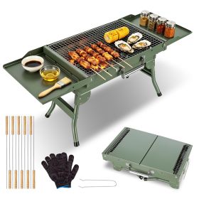 Camping Charcoal Grill, Foldable Portable BBQ Barbecue Grill with Dual Side Panels, Ventilation Holes (Color: Green)