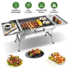 Camping Charcoal Grill, Foldable Portable BBQ Barbecue Grill with Dual Side Panels, Ventilation Holes (Color: silver)