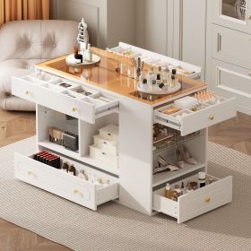 Closet Island with 6 Drawers, Wardrobe Armoire Bedroom Island with Glass Display Top and Open Shelves, Jewelry Storage Vanity Island with compart (Color: White)
