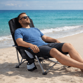 Portable Folding Patio Chaise Lounge With Storage Pocket And Carry Bag | 250 Lbs Weight Capacity, Mesh Breathable Backrest, Alloy Steel Frame (Color: Black)
