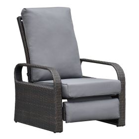 Outdoor Recliner Chair;  Automatic Adjustable Wicker Lounge Recliner Chair with 5.12'' Thicken Cushion (material: Brown Wicker, Color: Gray)