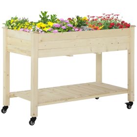 Raised Garden Bed, 47" x 22" x 33", Elevated Wooden Planter Box w/ Lockable Wheels, Storage Shelf, and Bed Liner for Backyard, Patio, Natural (Kids Pool: Natural-1185x78x570 mm)