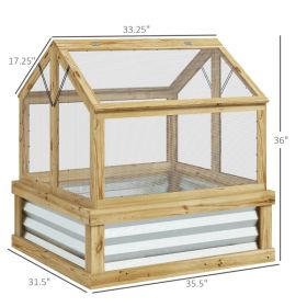 Raised Garden Flower Bed Kit With Greenhouse, Wooden Cold Frame Planter (Kids Pool: Natural Silver)