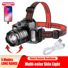LED Telescopic Headlamp Head Torch USB Rechargeable Motion Sensor Headlight Zoomable 5 Modes Emergency Power Bank For Camping (Kids Pool: Black)