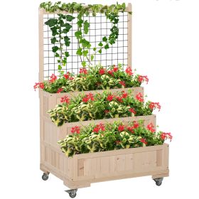 3-Tiers Raised Garden Bed with Trellis, 53" H Vertical Planter Box with Wheels & Back Storage Area, for Flowers, Vegetables, Herbs, Natural (Kids Pool: Natural Wood-855x650x165 mm)